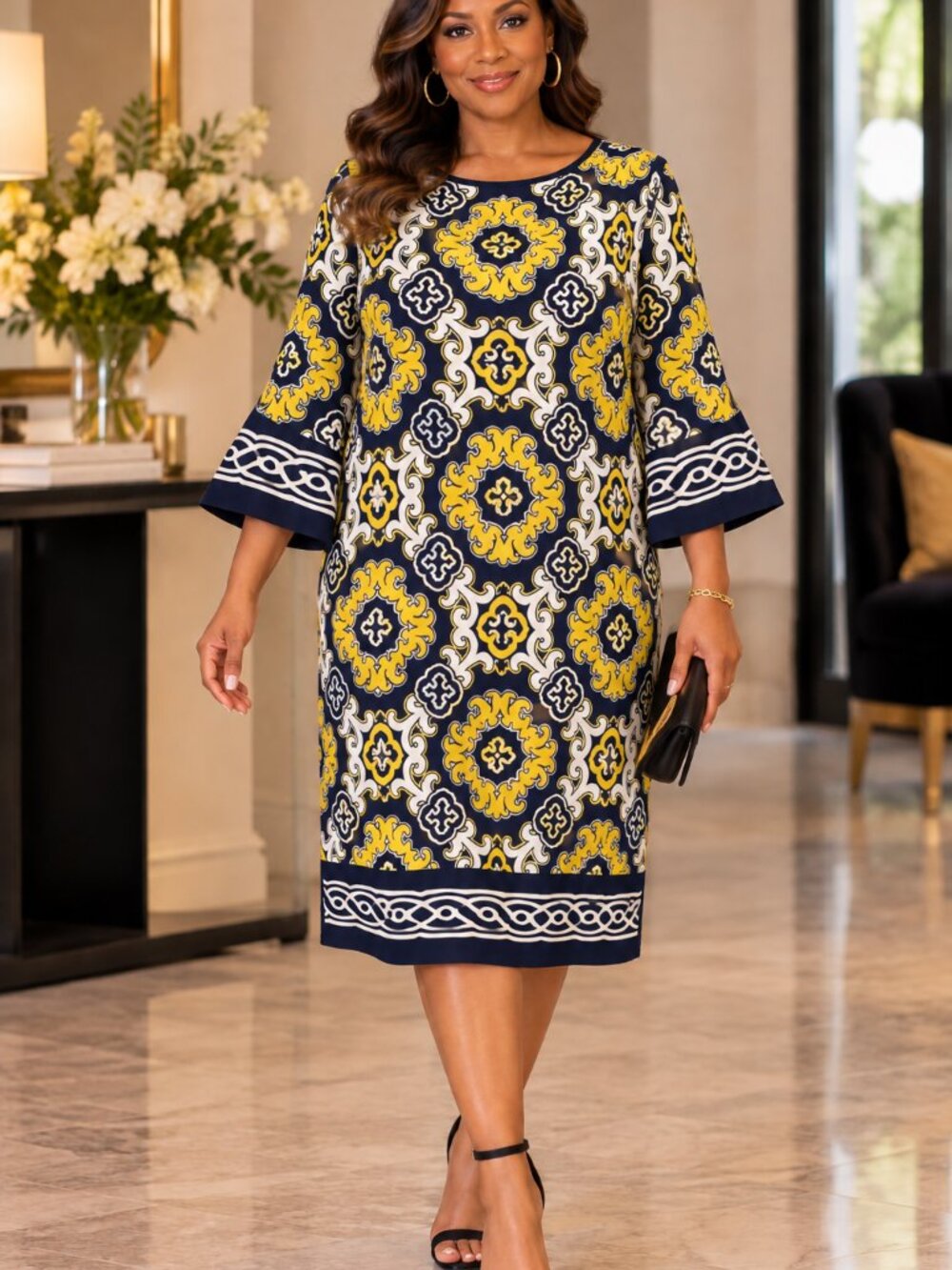 Jessica Howard Womens 16 Yellow Navy Medallion Print Shift Dress 3/4 Sleeve